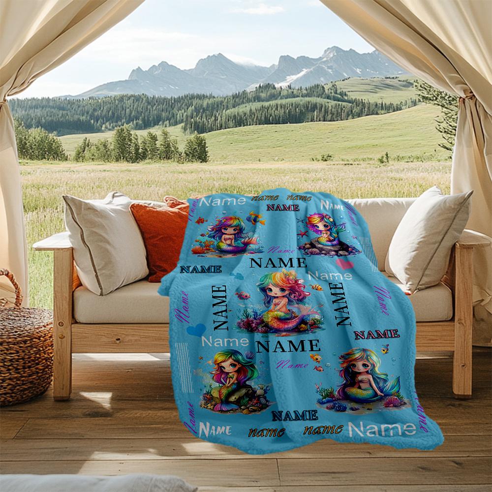 Mermaid Fantasy Ocean Adventure Artwork Design Customizable Outdoor Blanket Personalized Name Soft Warm Cozy Throw For Picnics Outdoor Travel And