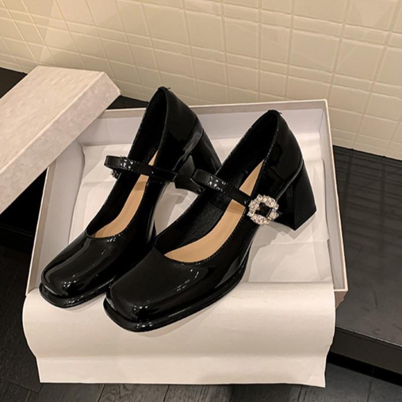 Leather Thick Heel Retro Rhinestone Mary Jane Shoes Women's High Heels One-word Buckle Light Mouth Single Shoes