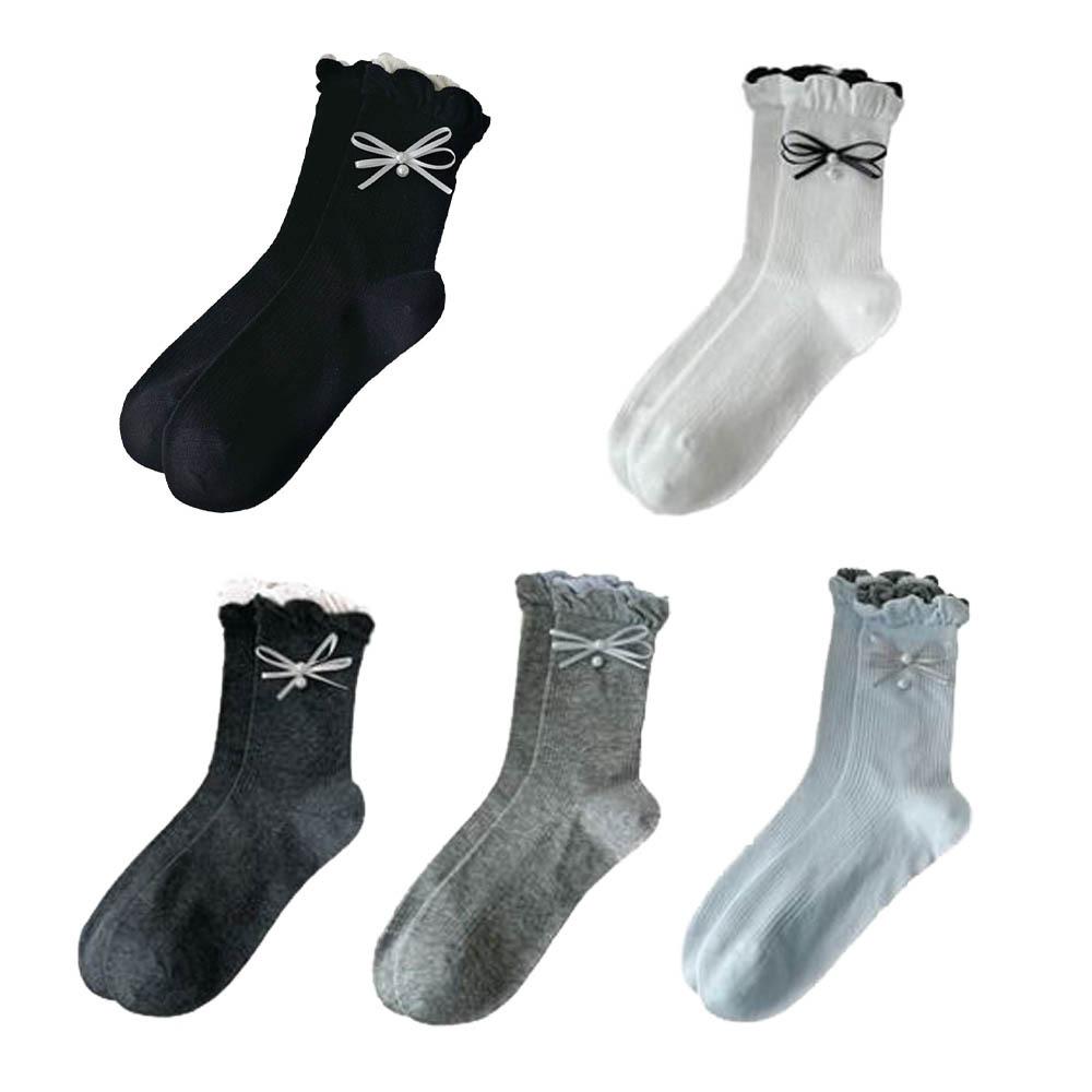 5Pairs Ins Style Bowknot Pearl Socks Thin Sweet Socks Women Soft Mid Tube Socks  Lady