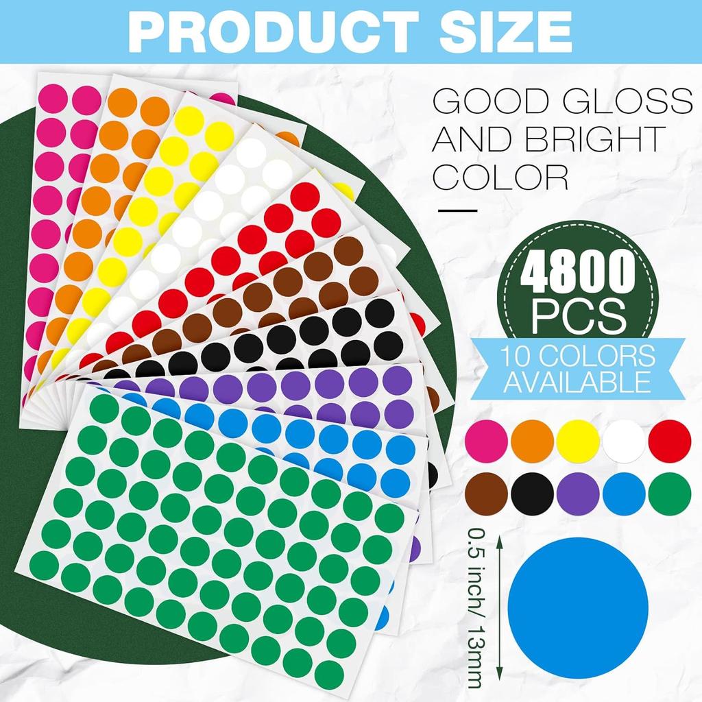Epakh 4800 Pieces 1/2 Inch Round Color Circle Dot Sticker Labels 10 Assorted Colors Coding Adhesive Round Sticker for Marking, Organizing