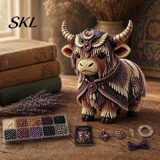 Artistic Home Decor Craft Highland Cow Bead Kit, Mythical DIY Tiny Complete Crafting Set 3D Beaded Animal, Art Project for Adults Teens Handmade Gift