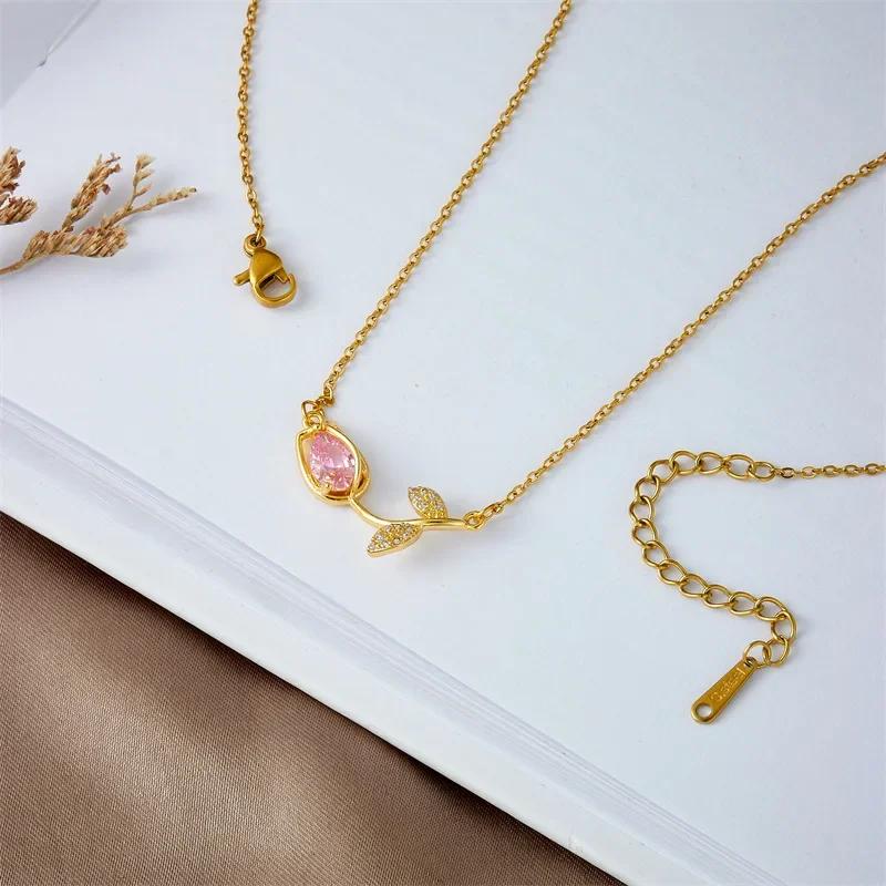 Sweet Colorful Zircon Tulip Pendant Necklaces for Women Girls Stainless Steel Chain Choker Trendy Jewelry Accessories Gifts