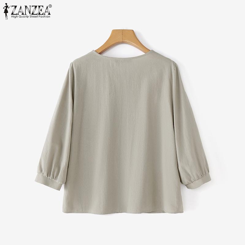 ZANZEA Women Casual Round Neck Summer 3/4 Sleeve Cotton Blouse