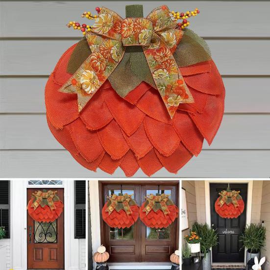 Autumn Pumpkin Wreath Farmhouse Fall Decor with Berry Accents Halloween Thanksgiving Front Door Garland