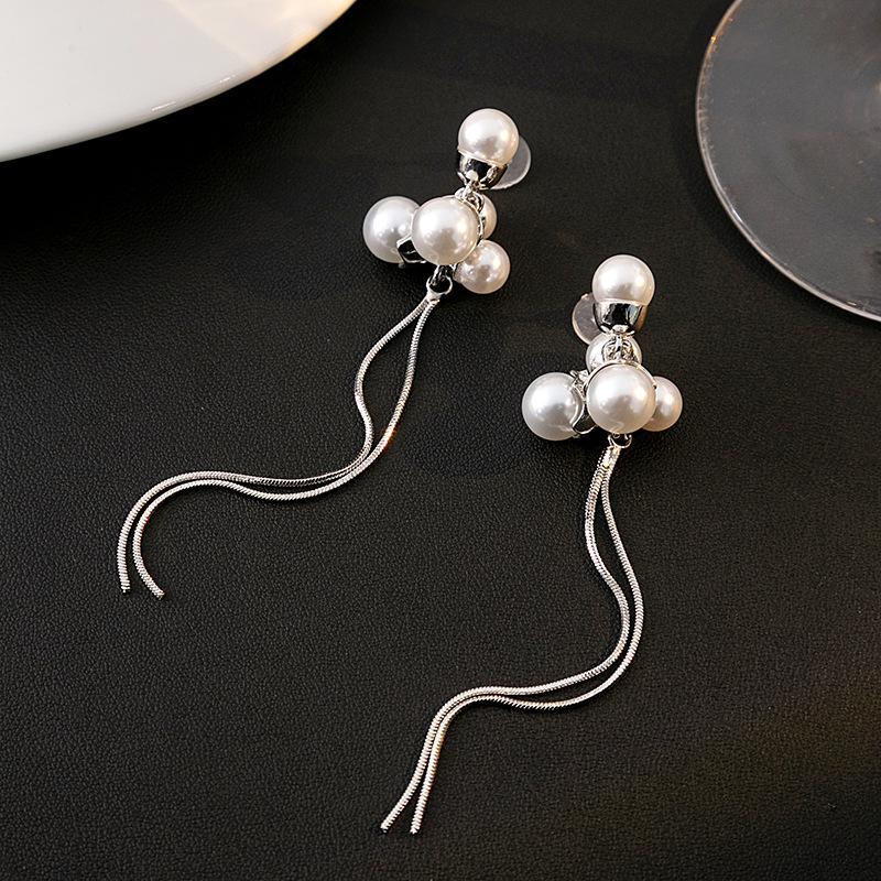 Silver Needle Pearl Long Tassel Earrings - Elegant High-End Cold Style for Women