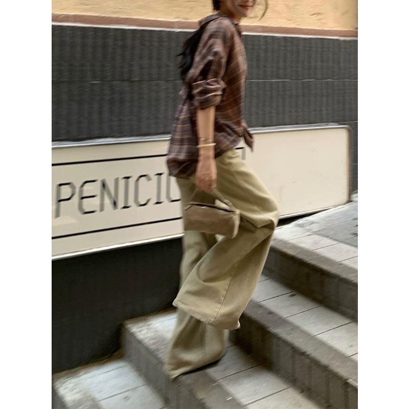 Spezialwaschung Farbe Hellkhaki Jeans Damen Herbst Old Money Gerade Lässig Schlaghose