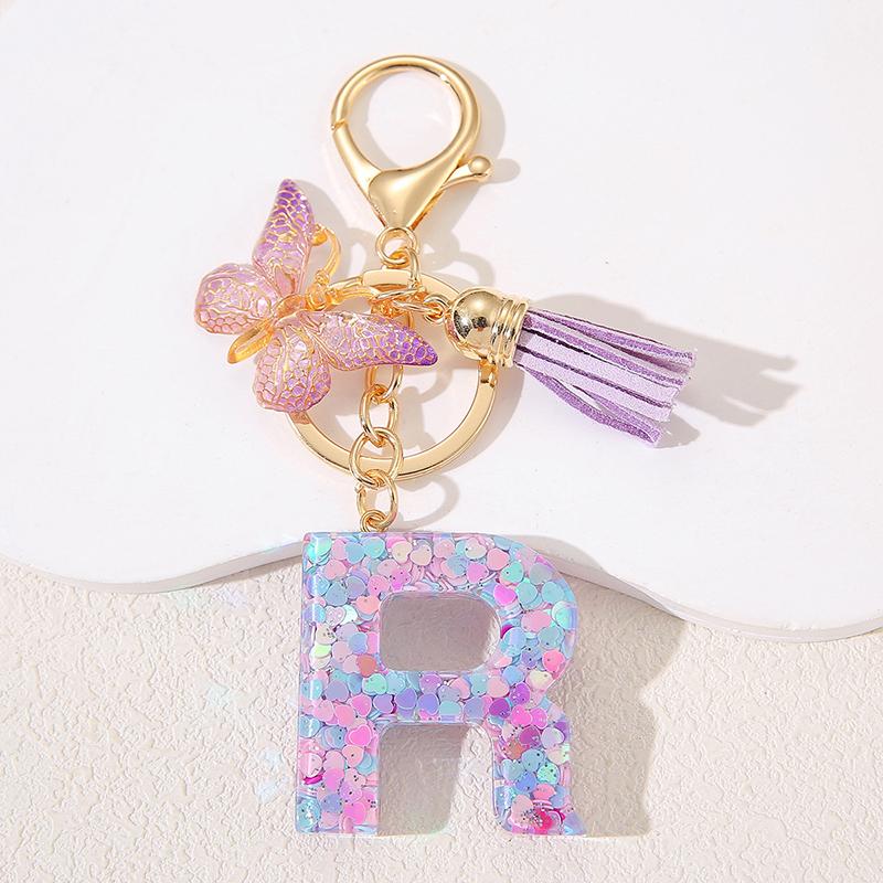 A To Z Purple Stars Filled Letter Keychain 26 Initials Alphabet Butterfly Tassel Charms Keyrings Bag Ornament Car Trinket Gift