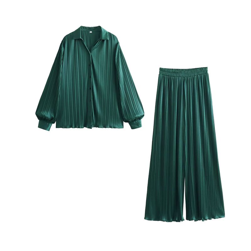 

Kaslead New Arrival Women s Clothing Fashion Style Fashion Casual Loose Pleated Long Sleeves Shirt Pants Suit Dark green Suit XS