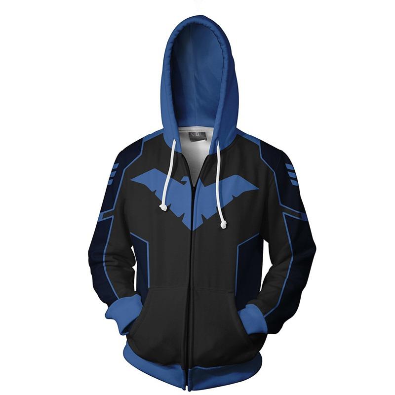 Superhero Nightwing Robin Cosplay Hoodie Costume Sweatshirt Halloween Zipper Outerwear Casual Hoodies Cosplay Costume