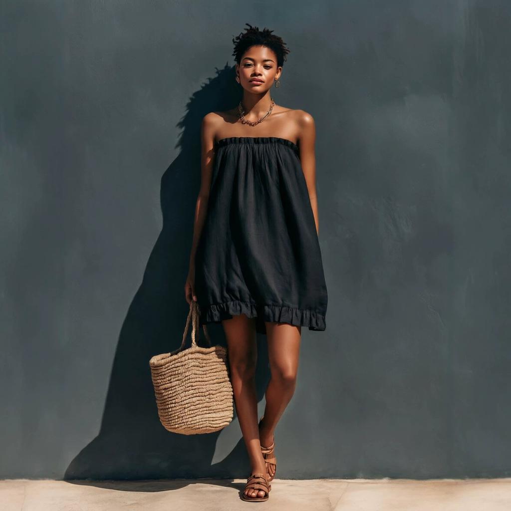 New casual tube top ruffle edge dress European and American summer style cotton and linen short skirt