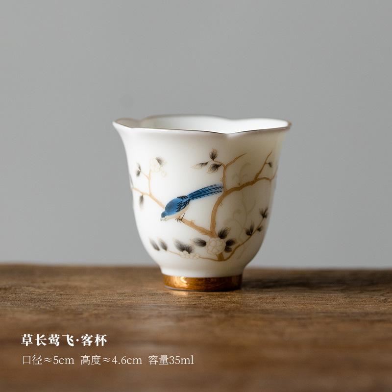 35ml Chinese Mutton-fat Jade White Porcelain Tea Cup Handmade Flower And Flower Tea Bowl Teaset Master Cup Travel Meditation Cup