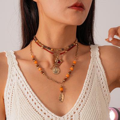Retro Wood Bead Leaf Bow Multi-layer Necklace Niche Ethnic Style Necklace Decoration