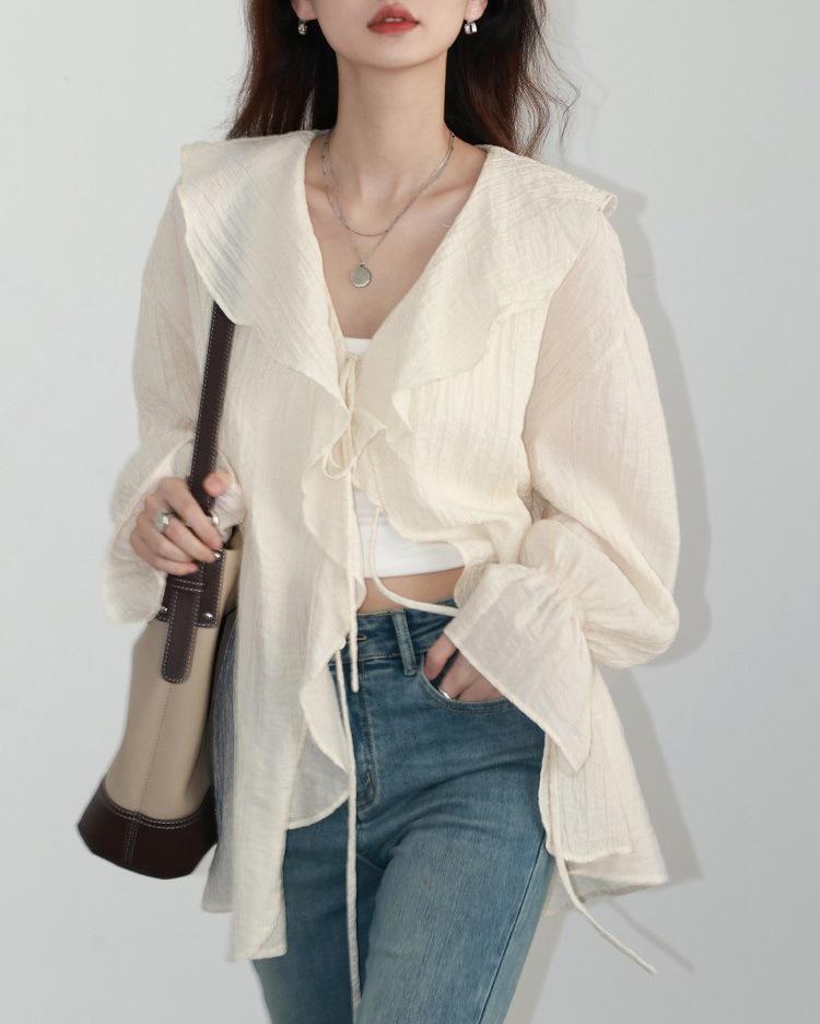 Visual Space Spring Tencel Ruffle Sleeve Lace-Up Mid-Length Shirt