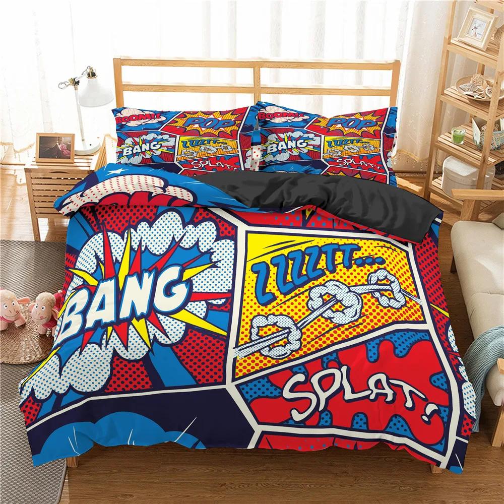 Comic Muster Bettbezug Queen King Cartoon Bettwäsche Set für Kinder Jungen Mädchen Hippie Hip Hop Rock Stil Polyester Bettdeckenbezug