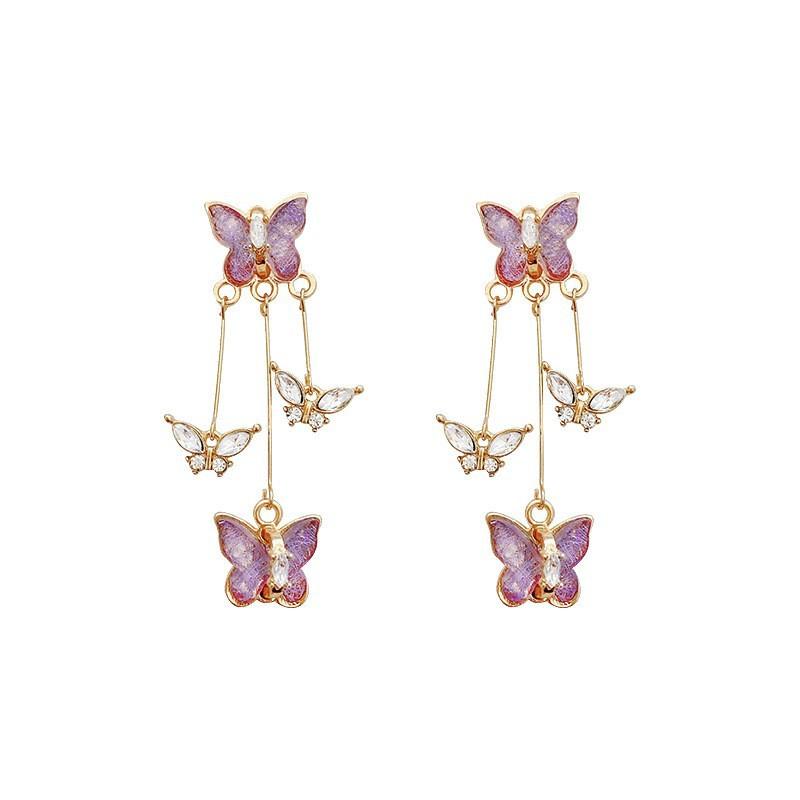 S925 Silver Purple Butterfly Tassel Earrings Women Luxury Crystal Long Dangle Vintage