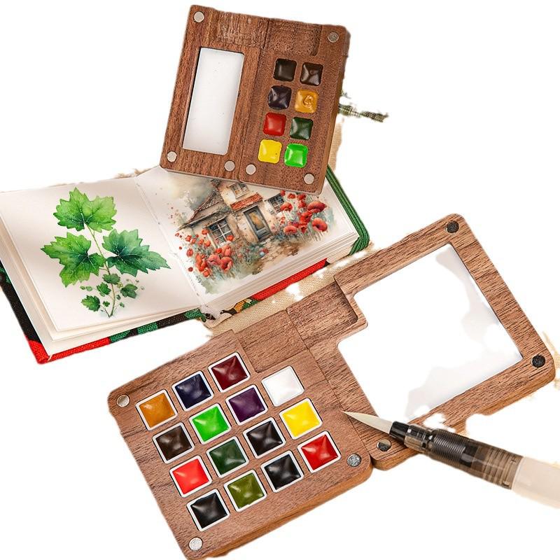 Feile Bird Chinese Style Wooden Box 15-Color Watercolor Set with Sanxingdui Dunhuang Solid Palette