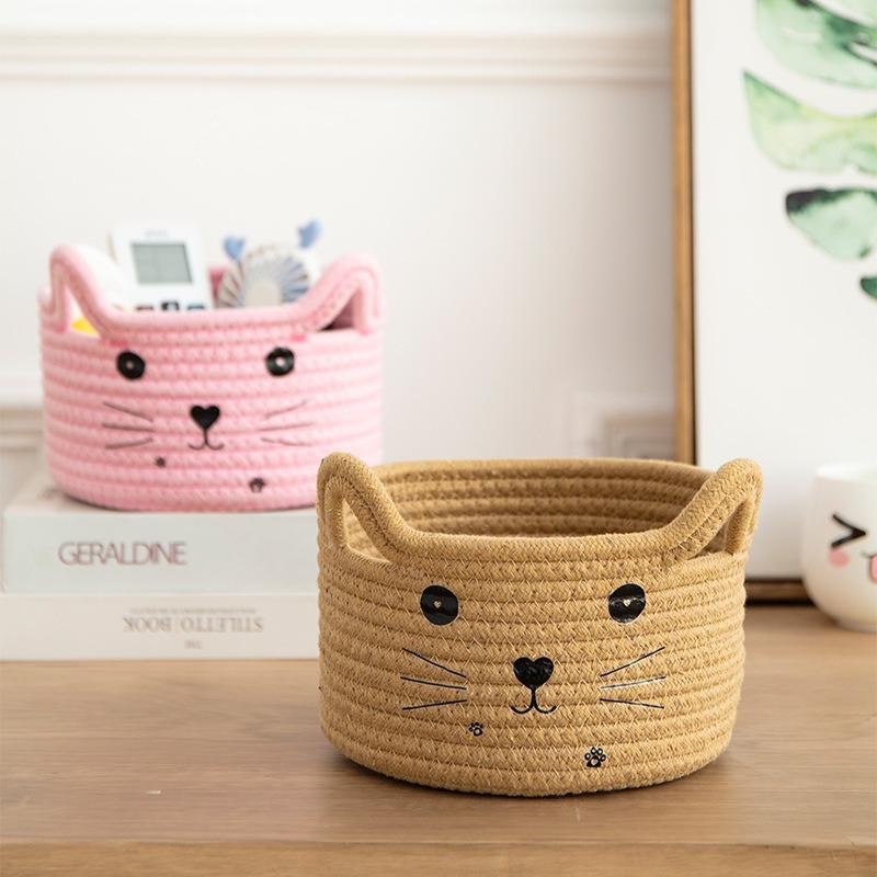 Woven cat rattan cotton thread storage basket, student dormitory desktop sundries sorting box storage basket