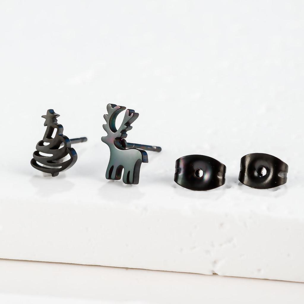 Elegant Asymmetric Reindeer Snowflake Earrings - Stainless Steel Christmas Studs for Women