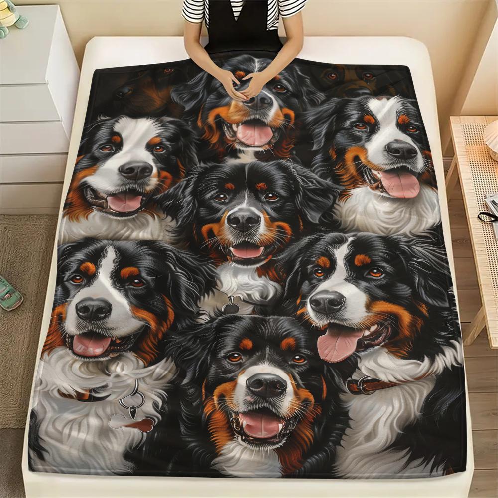 1Pc Bernese Dog Print Flannel Blanket, High Quality Comfortable for All Seasons, Home Decor, Warmth and Comfort, Perfect for Christmas Gifts