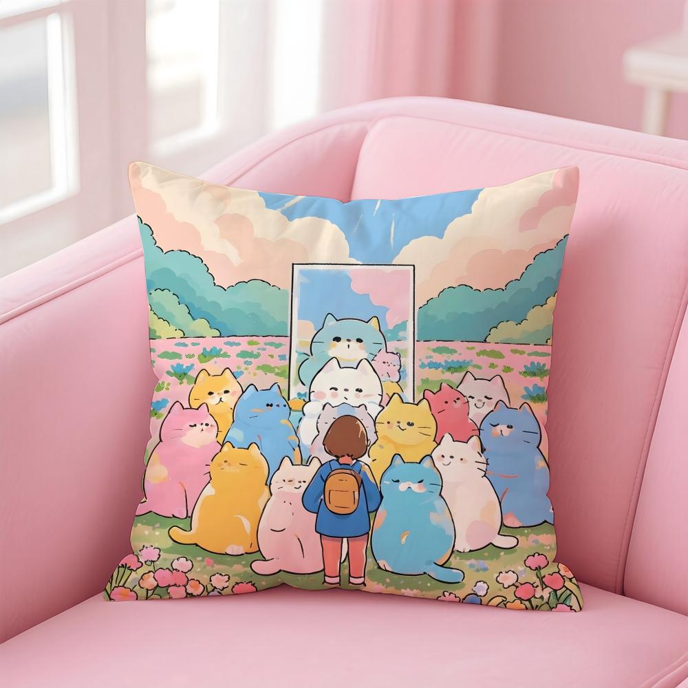 Cartoon Cute Cat Picture With Fresh Wake Up Cushion Cover Linen Pillowcase Cover Soft Decor for Sofa Home Room