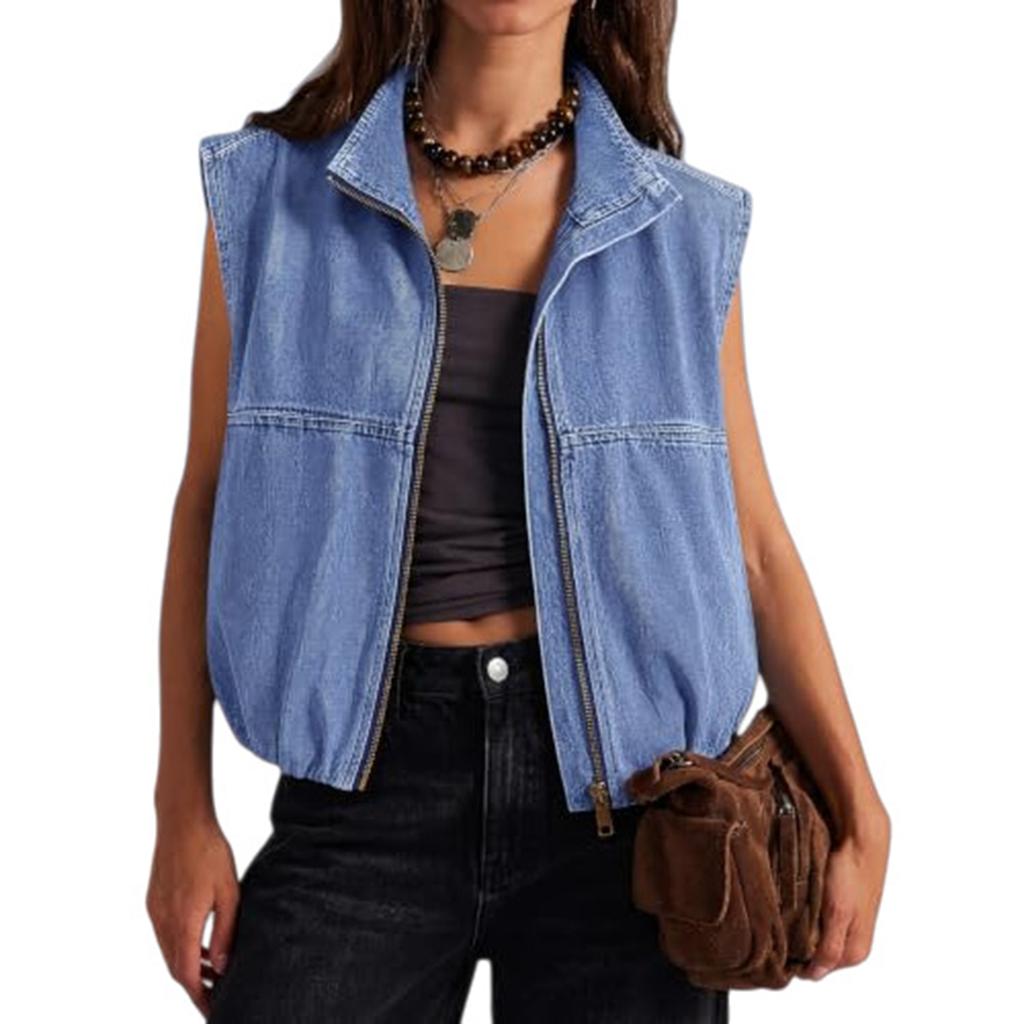 Damen Mode Lässig Ärmellose Jeansweste mit Reißverschlusskragen