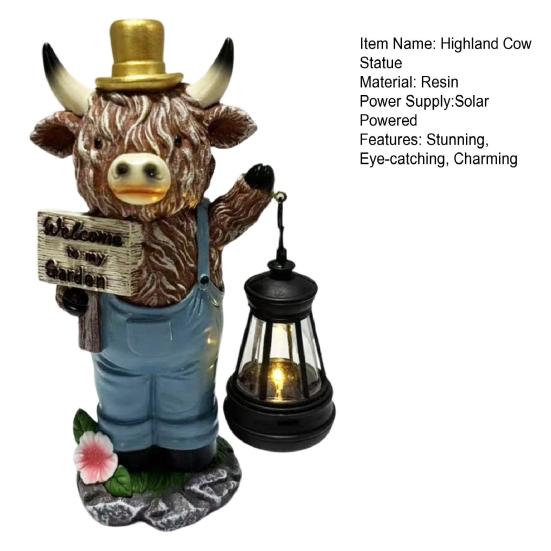Solar Highland Cow Garden Statue, Resin Animal Figurine with Solar Powered Lantern, Waterproof Outdoor Cow Ornament for Lawn, Patio, Garden Decor