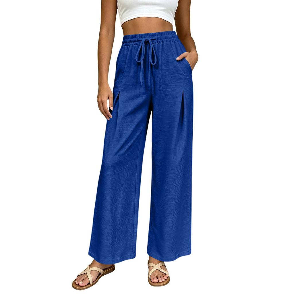 Women High Waist Wide Leg Pants Summer Casual Loose Fit Trousers with Pockets Elastic Waist Drawstring Outdoor Lightweight