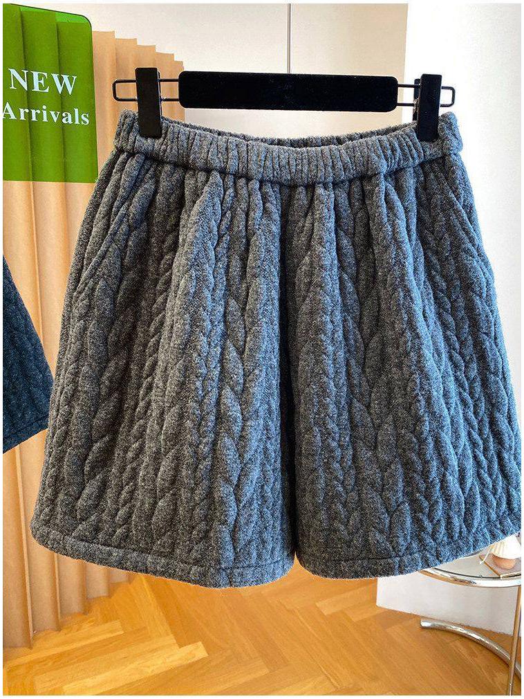 Damen Retro Gepolsterte Kaschmir Zopfmuster Shorts - Weiter Bein A-Linie Bootcut für Herbst/Winter