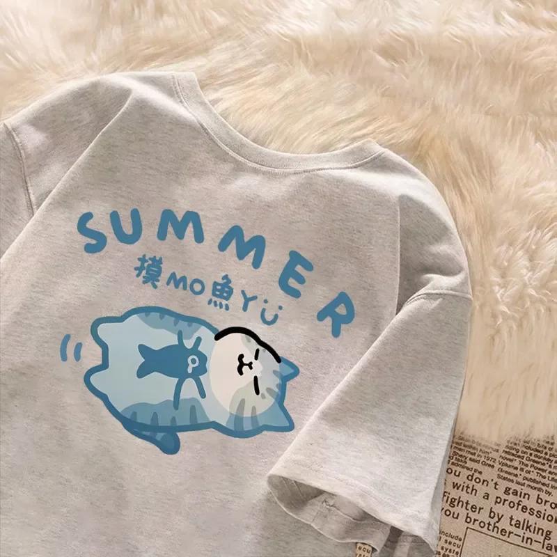 Summer Japanese Cartoon Fashion Trend Cute Fish Sleeping Kitten Print Stylish Loose Casual Tshirt Top Large Size