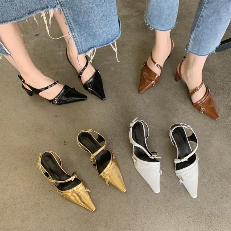 Summer Ins Designer Women Gold White Block High Heels Sandals Luxury Brand Closed Toe Slingback Sandals Wedding Prom Shoes