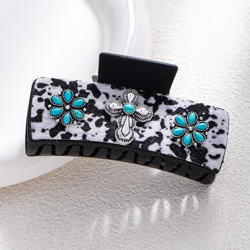 Bohemian Ethnic Style Turquoise Grab Clip Western Style Hairpin Retro Leopard Print Sequined Leather Fashion Disc Hairpin