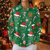 Women's Casual Christmas Print Long Sleeve Button Front Blouse with Lapel Collar and Side Slits