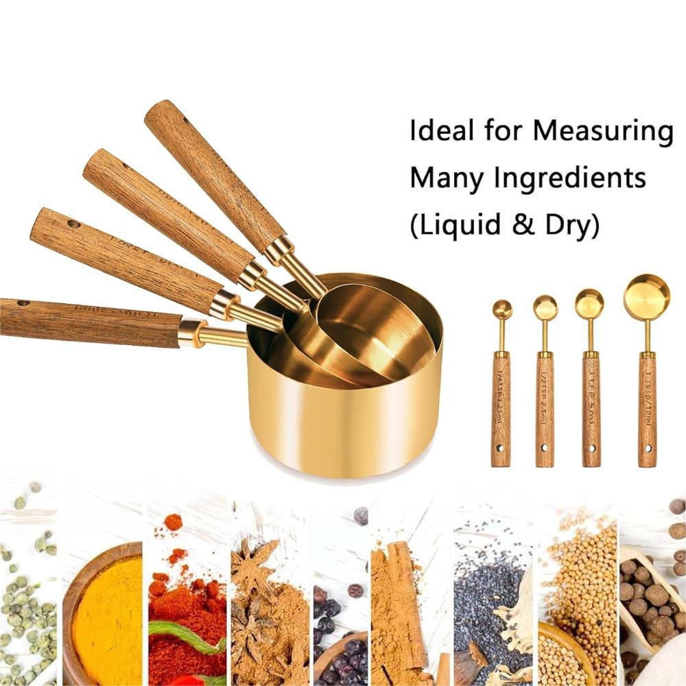8-Piece Rose Gold Stainless Steel Measuring Cups & Spoons with Engraved Wooden Handles for Baking