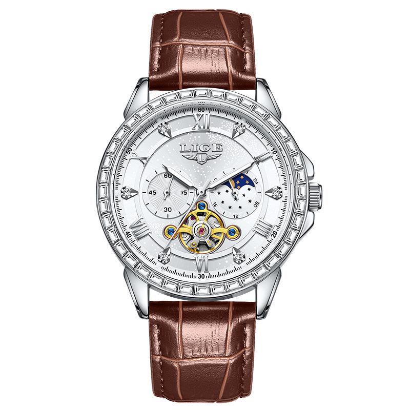 LIGE Men s Tourbillon Waterproof Mechanical Watch with Moon Phase