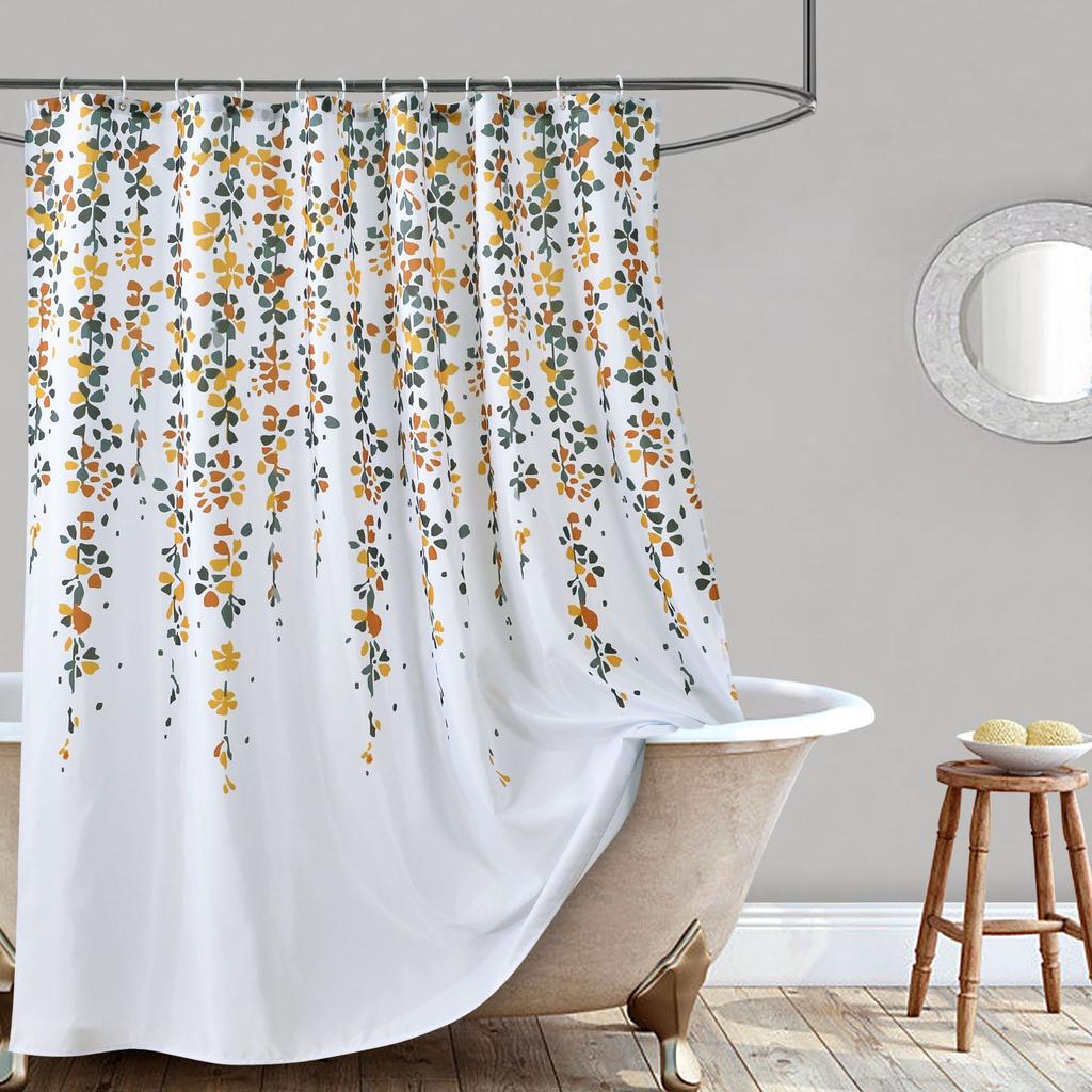 Shower Curtain Floral Print Polyester Fabric White Bathroom Curtain Farmhouse Waterproof Mildew Proof With Hooks 200Cm Classic