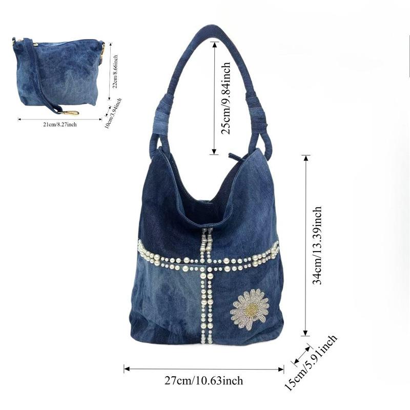 Borsa a Spalla in Denim Vintage Lavato da Donna Borsa Tote Grande Capacità Decorata con Perle