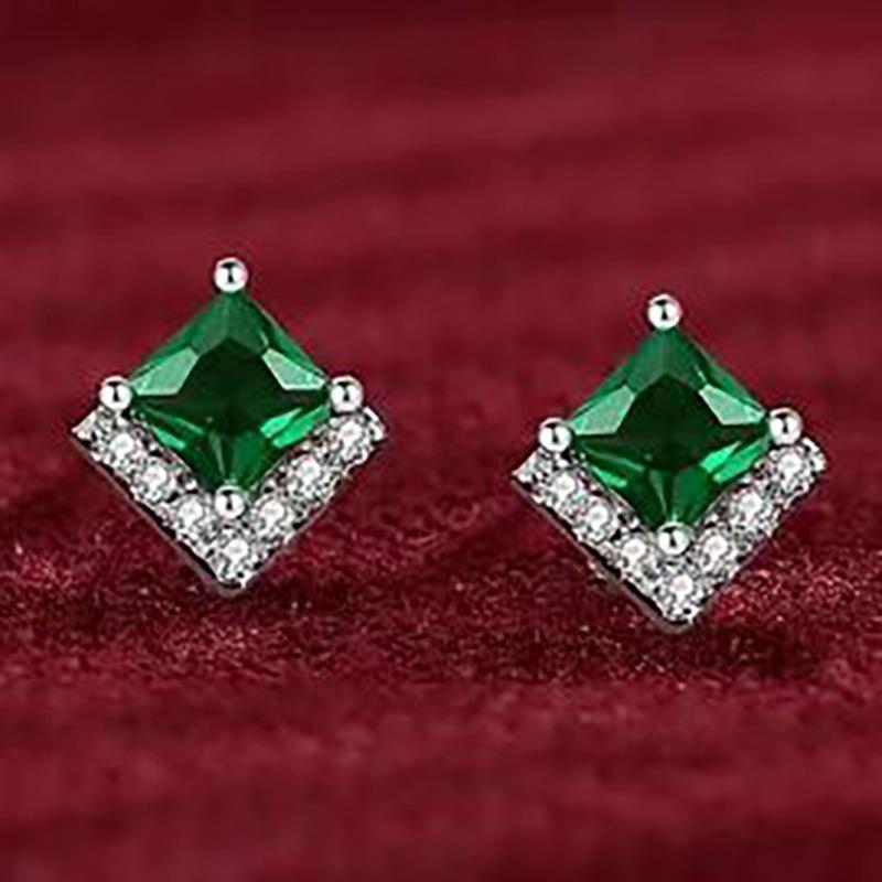 

925 Sterling Silver Jewelry Luxury Green Zircon Crystal Stud Earrings for Women Wedding Party Jewelry For Girls Friend Gift серебряный