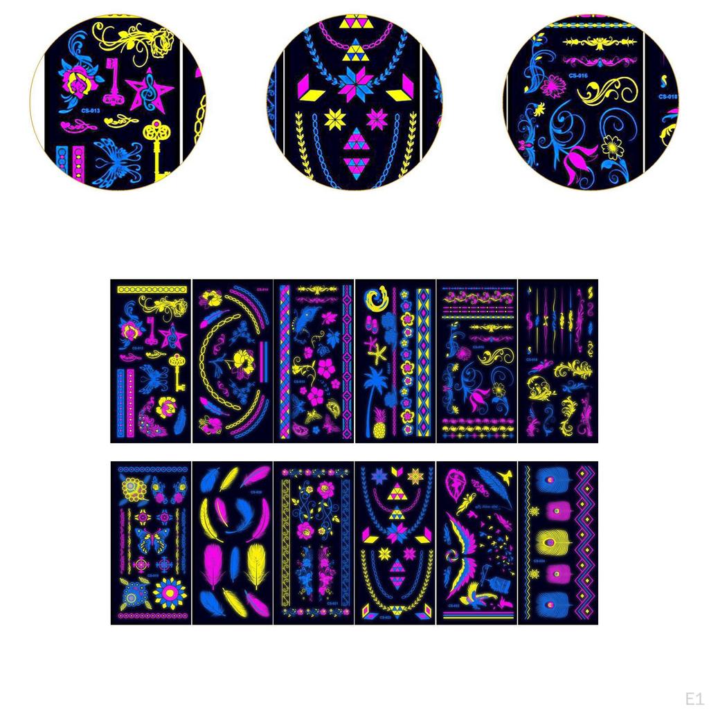 12 Glow In The Dark , Temporary Body Decorations for Blacklight Gatherings
