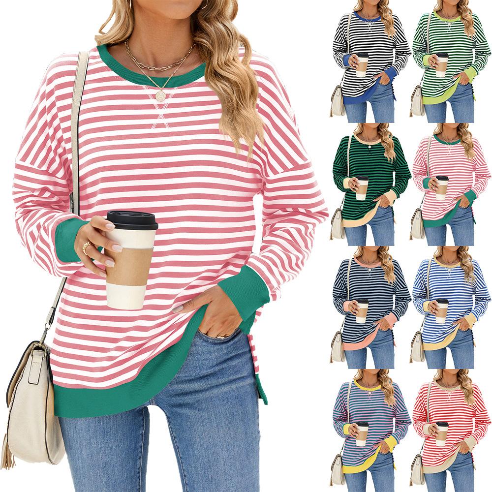 Women Color Block Crew Neck Striped Sweatshirt,Long Sleeve Side Slit Loose Casual Pullover Top Fall Winter Fashion Blouse S-XXL