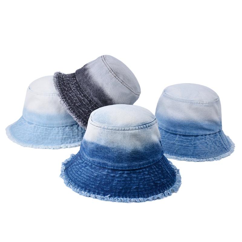 Women'S Ombre Denim Bucket Hat Fashion Style Distressed Raw Edge Fisherman Hat For Women Slimming Wide Brim Summer Cap