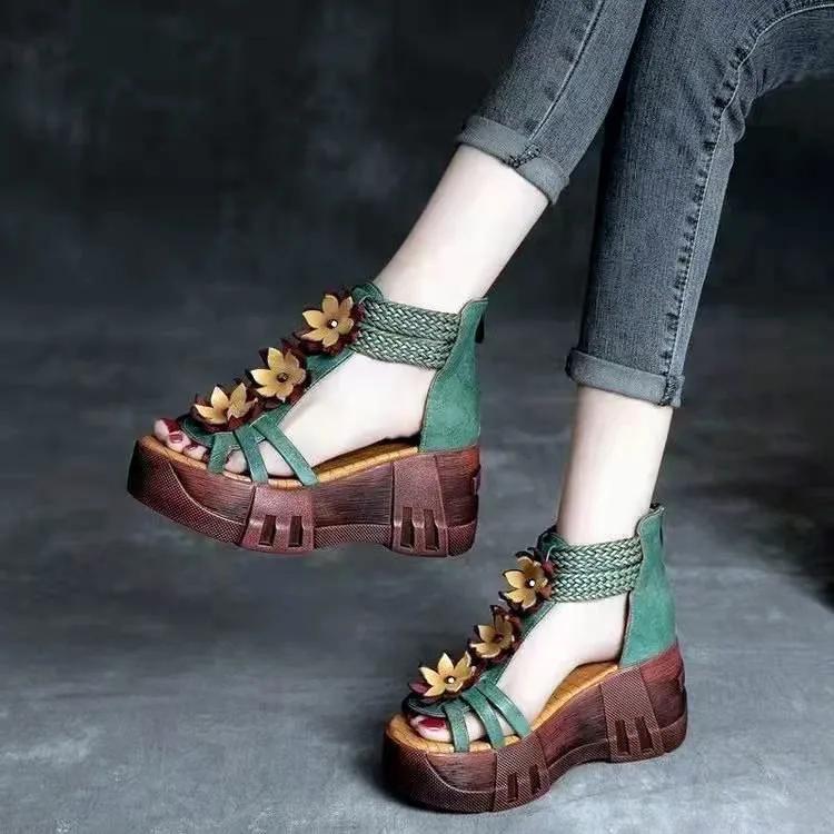 Retro Flower Sandals Women's Roman Open Toe Round Head Hollow Fish Mouth Wedges Shoes Anti-slip Slippers Sandales Femmes
