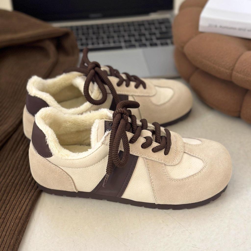 Round Head Retro Versatile Moral Training Shoes Women's Winter Velvet Flat-bottomed Warm Lace-up Cotton Shoes Fashion Casual Shoes