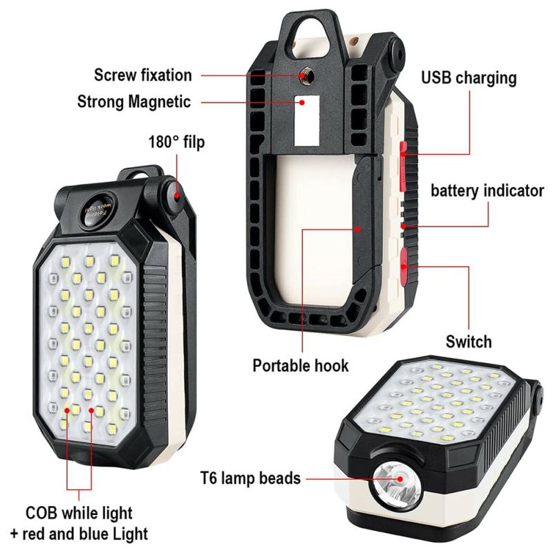 Cob Led Work Light 4 Brightness Adjustable High Brightness Usb Rechargeable Magnetic Camping Lamp