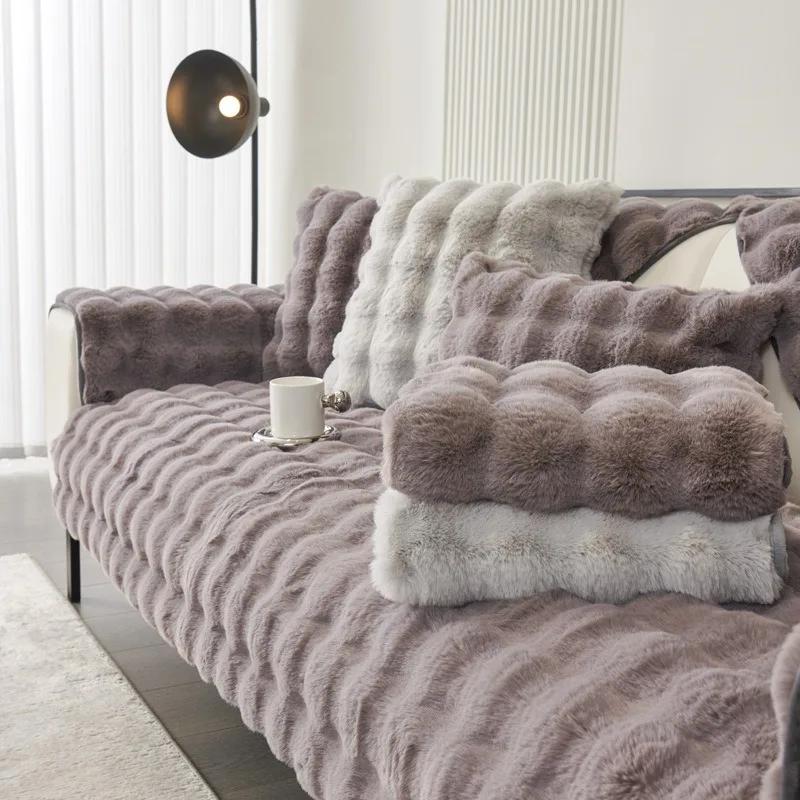 Nouveau Housse de Fauteuil Canapé en Peluche Lapin Vente en Gros Hiver Épais Doux Coussin en Peluche Antidérapant Cuir Canapé Canapé Housse de Siège