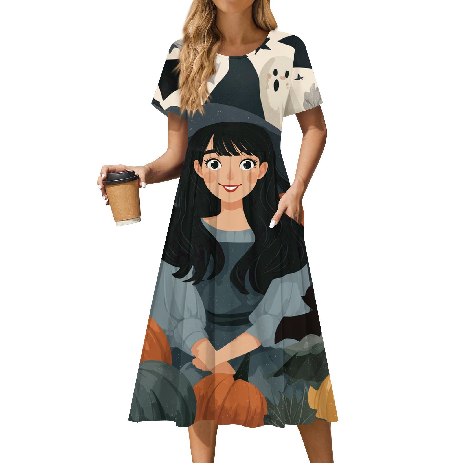 

Женское повседневное модное платье с принтом на Хэллоуин, с коротким рукавом и круглым вырезом XXL