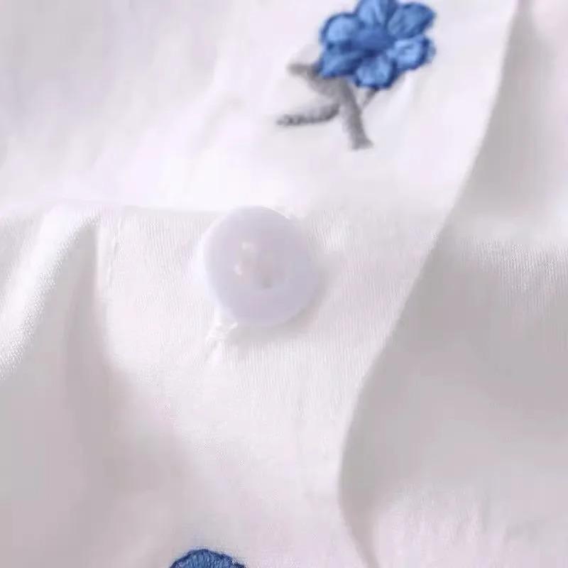 Spring Autumn White Shirts Women Turn Down Collar Embroidered Long Sleeve Casual Little Blue Flower