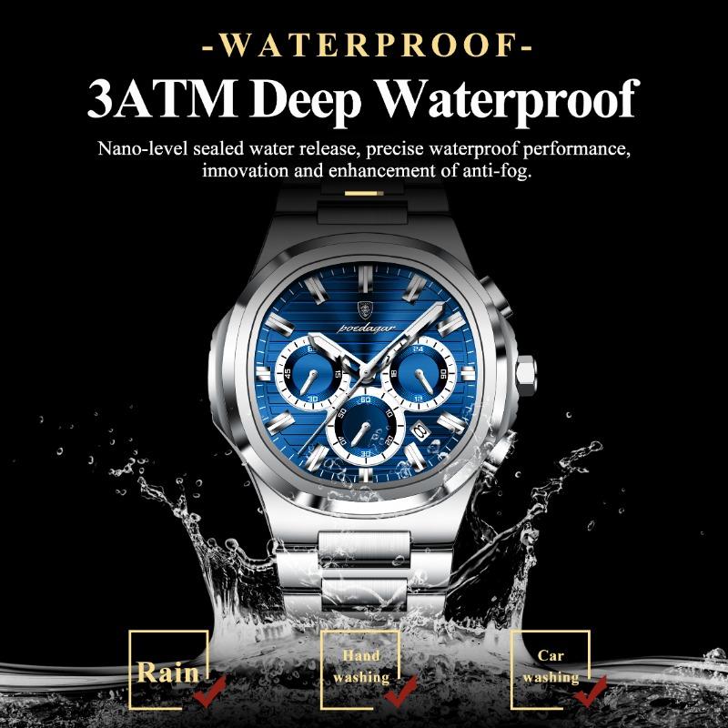 POEDAGAR Business Man Wristwatch Date Chronograph Waterproof Luminous Luxury Watch Stainless Steel Quartz Watches Male