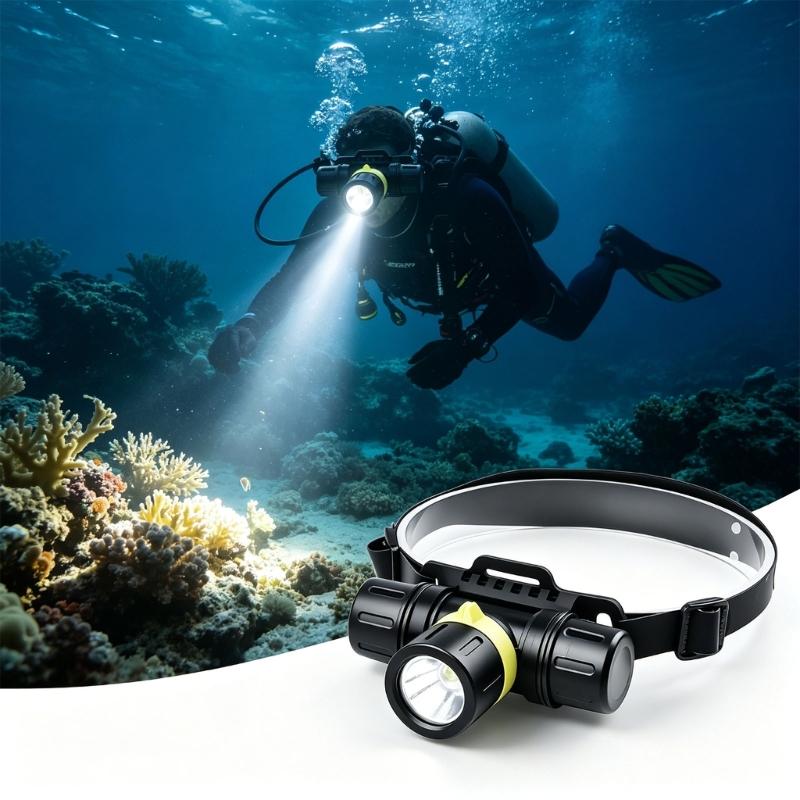 Underwater Diving Headlamp with Adjustable Head Mount, Aluminum Beam Light for Snorkeling, Night Fishing and Camping