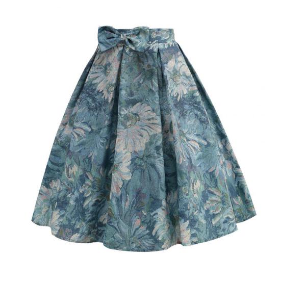 Damen-Midirock mit hoher Taille, Schleifendekor, großer Saum, Rock mit Reißverschluss, Blumendruck, plissierter Retrorock, wadenlanger Rock