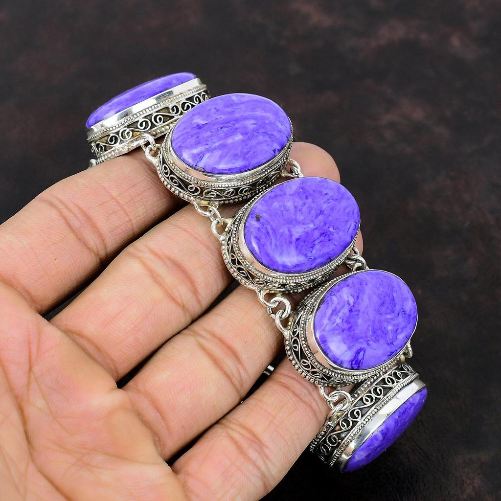 Pulseira Charoite Gemstone Joias Feitas à Mão Pulseira Vintage Pulseira de Prata Esterlina 925 Pulseira de Corrente Ajustável Presente de Noivado para Ela